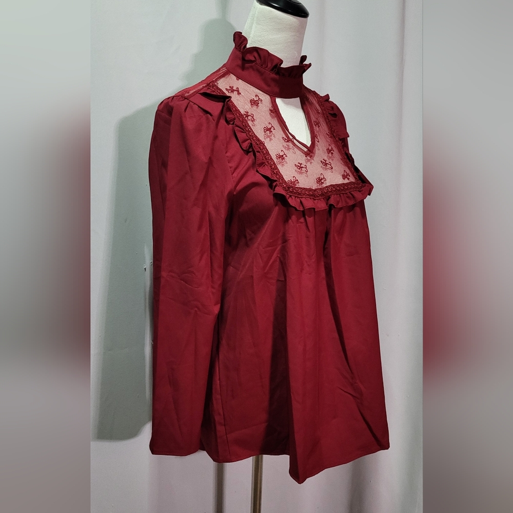 StyleDome Women's NWT Red Lacc High Neck Long Sleeve Ruffle Blouse Size Small 🐈 - Picture 5 of 11